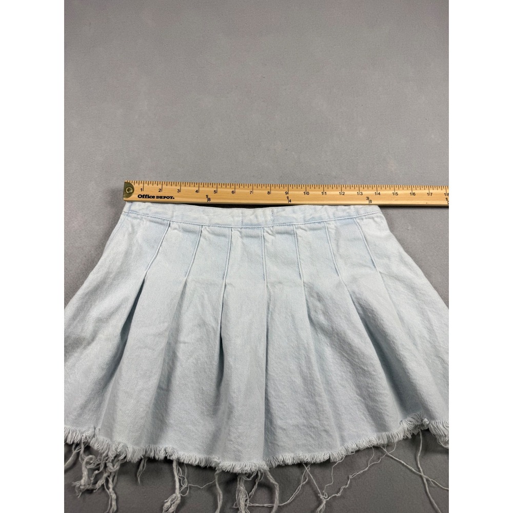 PacSun Light Wash Pleated Denim Mini Skirt Frayed Hem Skater Blue Size 24